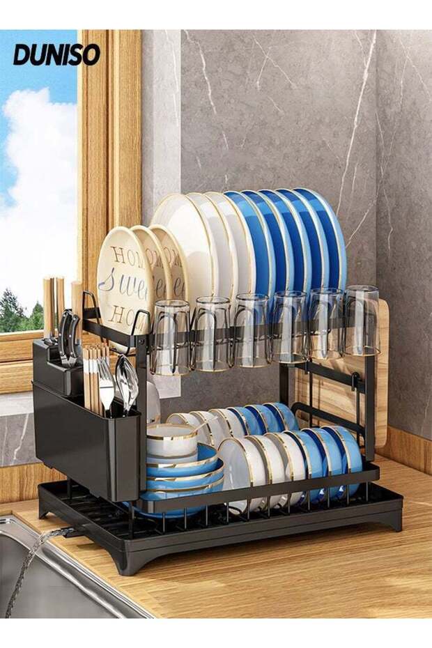 Two-Tier Dish Drying Rack For Kitchen With Drainboard,Removable Utensil Holder and Cup Holder,Stai
