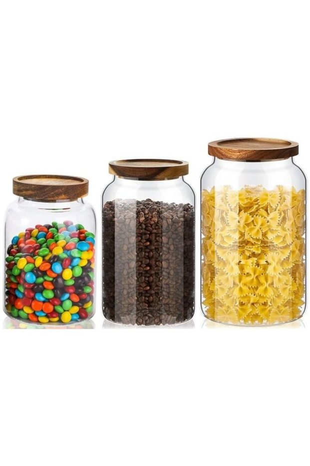 Airtight Glass Storage Jar with Acacia Wood Air-tight Lid,3 Pack Borosilicate Glass Kitchen Caniste