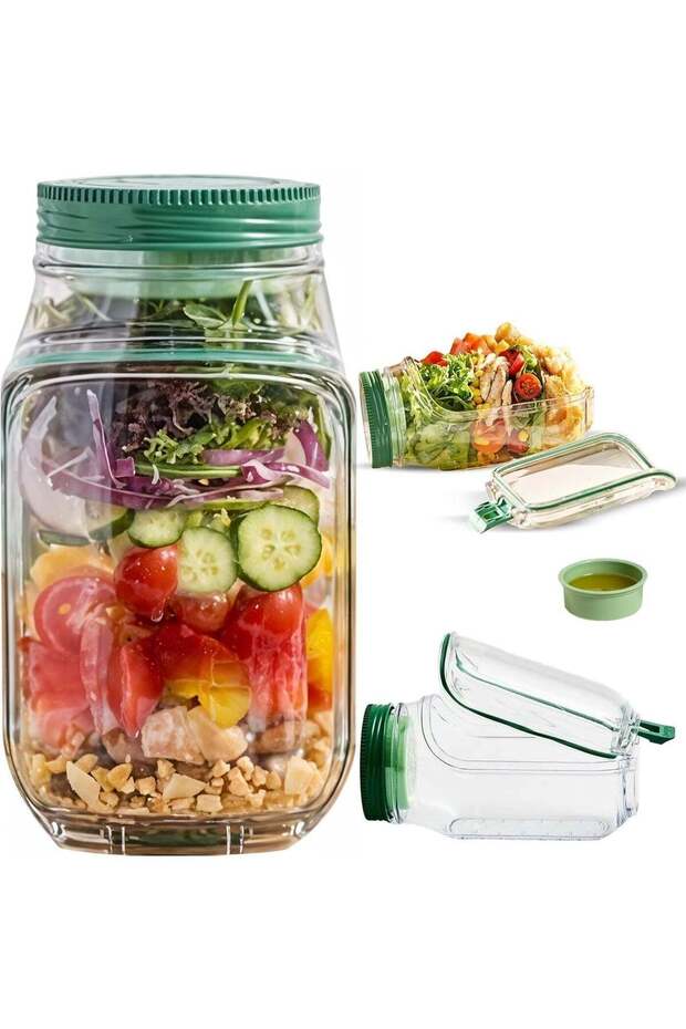 Leakproof Salad Mason Jar with Side Opening Lid and Fork
