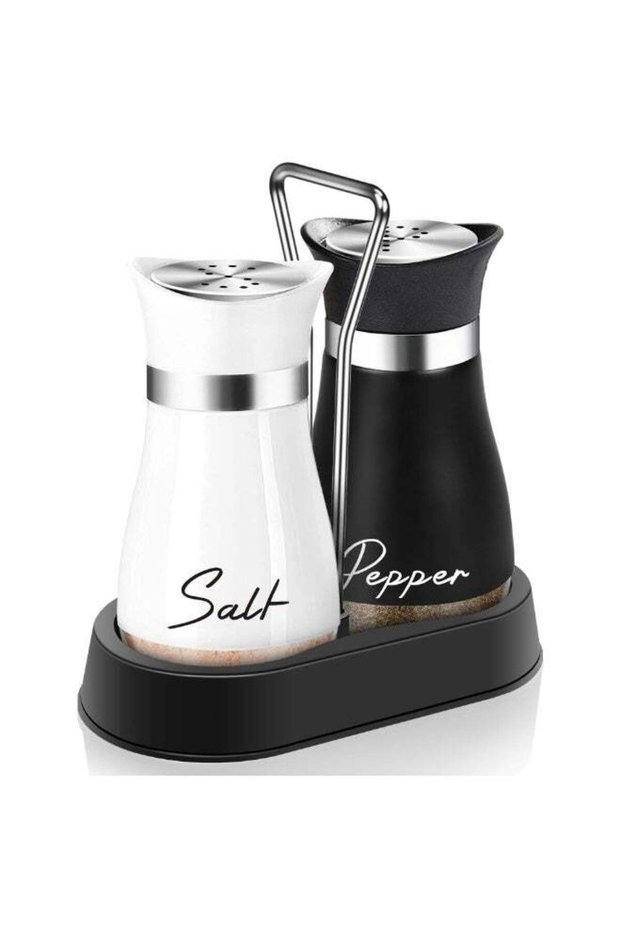Salt and Pepper Shakers Set with Holder,4 oz Bottom Salt Shaker with Stainless Steel Lid for Kitche