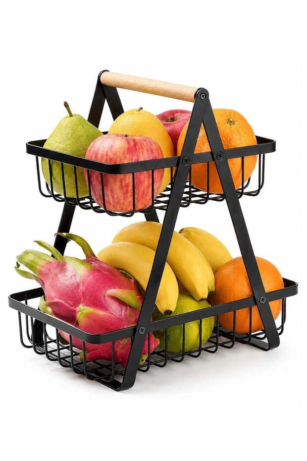 Black 2-Tier Fruit Basket Storage Rack with Wooden Handle, Metal Wire Fruit Bowl and Vegetable Orga