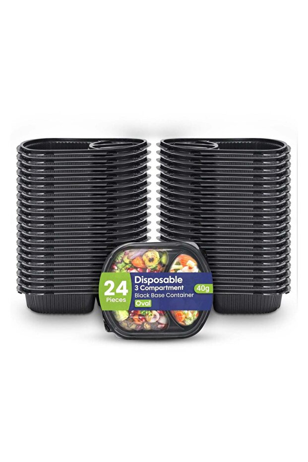 SNH Packing Disposable 24 Pack Oval Black Base Meal Prep Containers with Lids - 3 Compartment, Micr