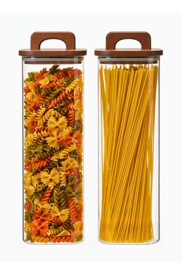 Set of 2- 1800 ML Borosilicate Square Glass Storage Jars with Acacia Wood Lids with Handle for Spag