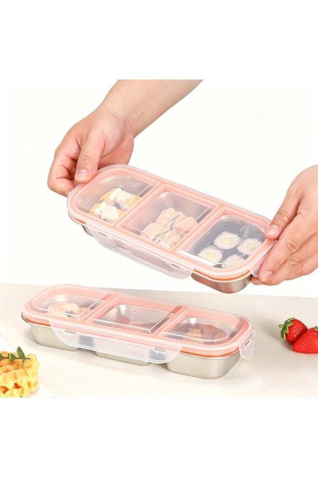 2 Pack 3 Compartment Leakproof Stainless Steel Bento Lunch Box, Reusable Divided Snack Food Contain