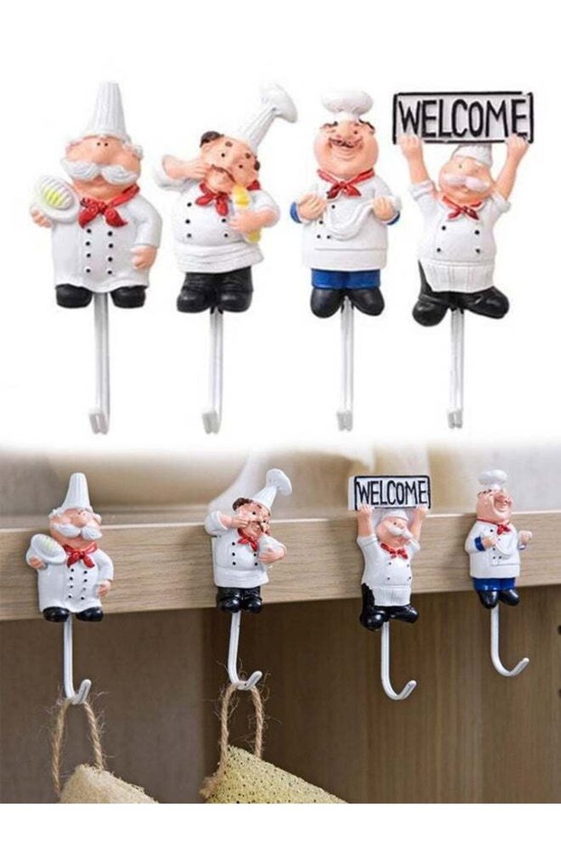 Pack of 4 Resin French Chef Figurine Wall Hooks Decorative Cook Wall Mount Rack Hook Hanger