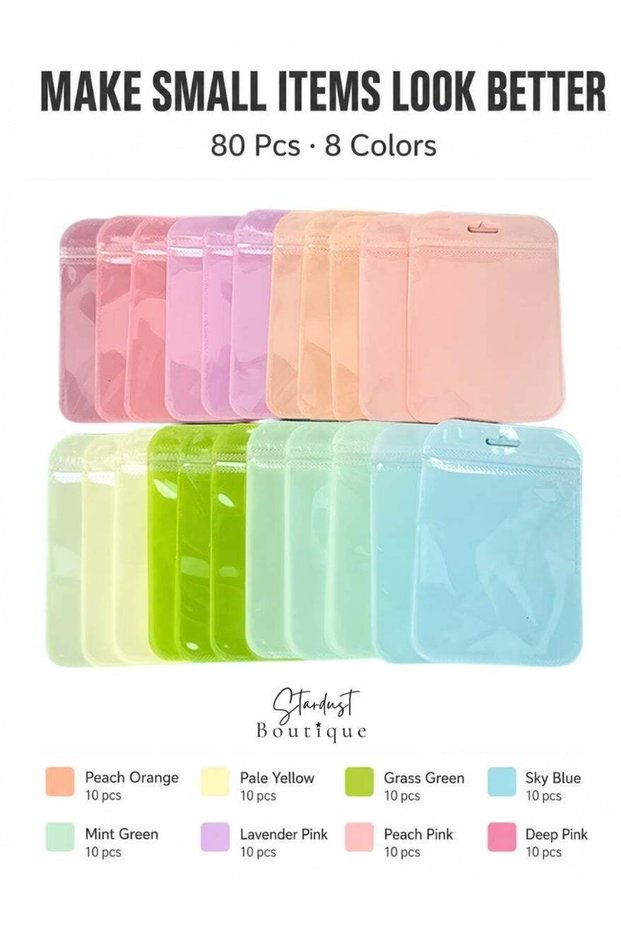 80 Pcs Colorful Resealable Press-Seal Bags, 8 Colors Clear Front Display Pouches, Small Packaging B