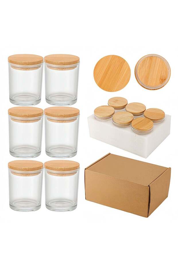6-Pack 220ml (7oz) Clear Empty Glass Jars with Airtight Wooden Lids, Sealed Glass Containers for Ca