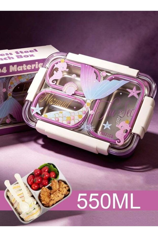 Kids Lunch Box 550ml 304 Stainless Steel Bento Box 3 Compartments Leak Proof Food Container with Fo