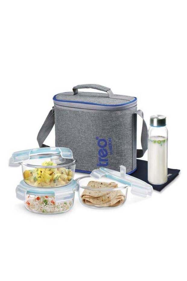 Treo by Milton Borosilicate Glass Lunch Box Tiffin Set of 5 (3 Round Containers 400ml Each, 1 Bottl