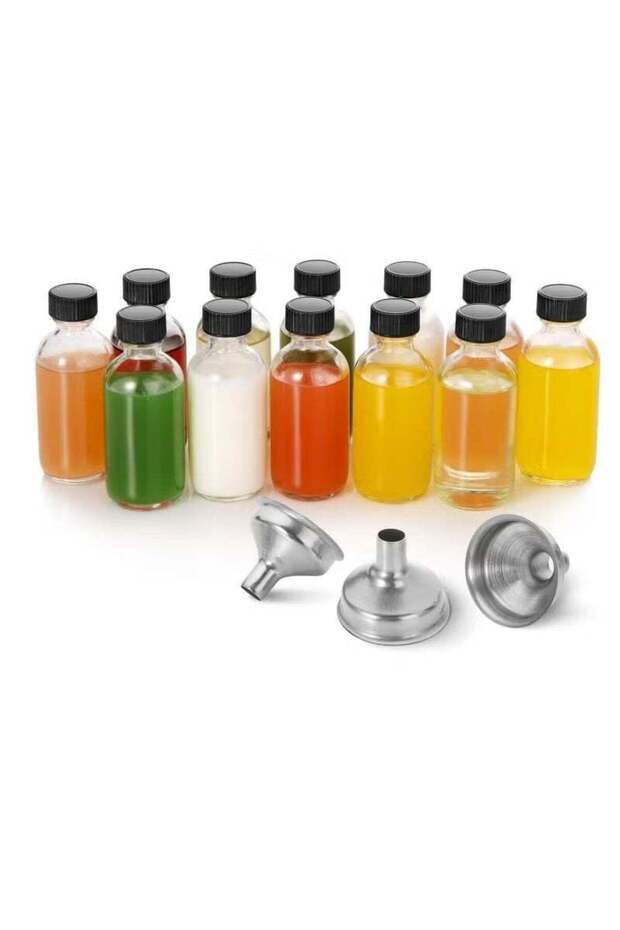 12 Pack 2 oz Glass Bottles with Lids & 3 Funnels, Glass Shot Jar, Small Glass Containers with Lids,