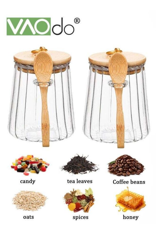 2-Pack Glass Airtight Storage Jars with Bamboo Lids & Spoon, 25.36 oz Decorative Petal Canisters, F