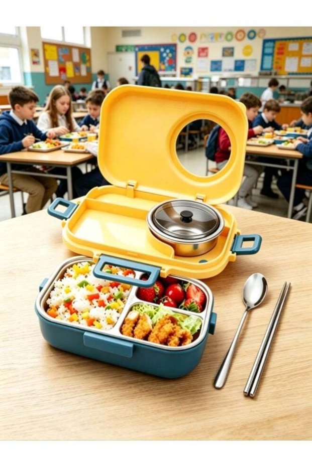 Multi-Compartment Insulated Lunch Box, Stainless Steel Bento Box with Soup Bowl, Phone Holder Lid &