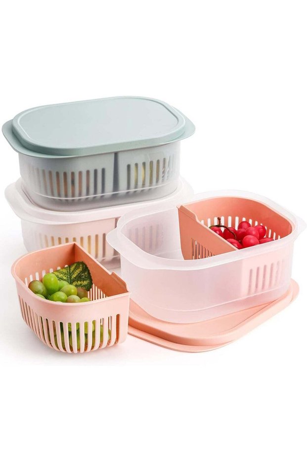 Set of 3 Produce Saver Containers for Fridge, Plastic Fruit Vegetable Storage Containers, with Airt