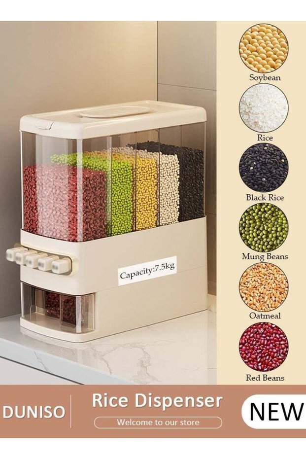 Rice and Grain Storage Container, 4-in-1 Compartments Grain Food Dispenser for Kitchen Moisture Pre