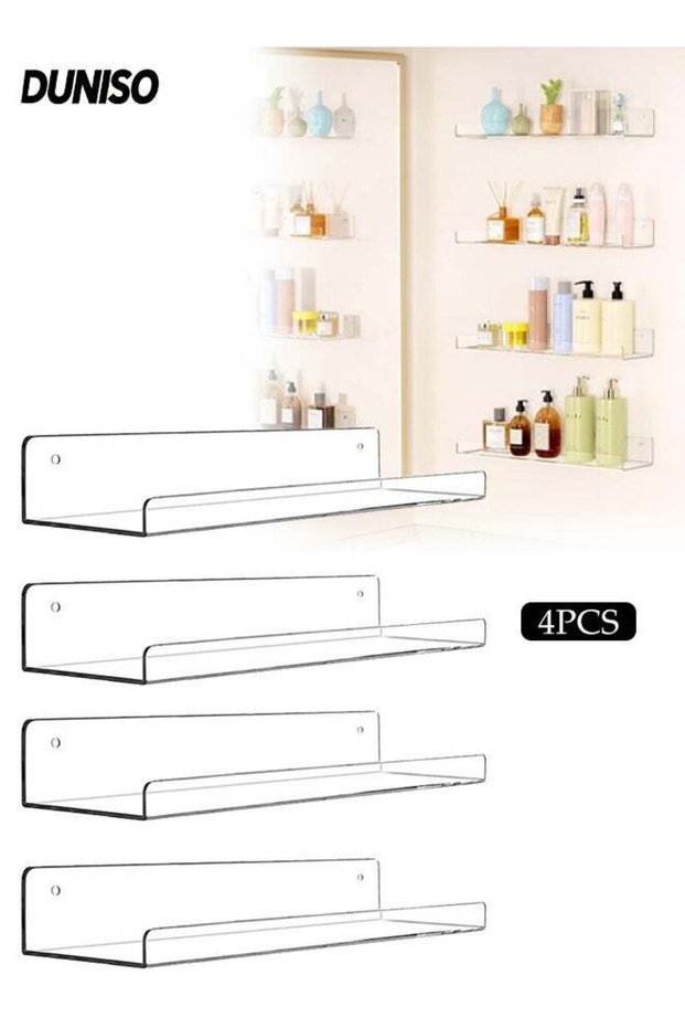 4 Pack Clear Floating Shelves,Wall Mounted Acrylic Shelves,Adhesive Clear Bathroom Storage Shelves,