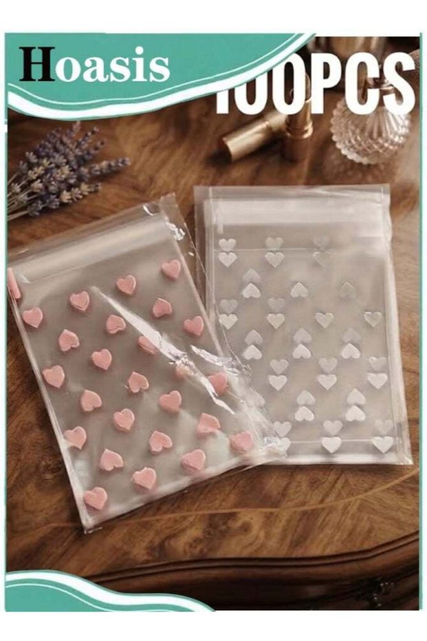 100 Pcs Resealable Cookie Snack Bags, Self-Adhesive Food-Grade PE Bags with Pink & White Heart Fros