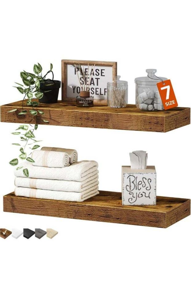 2Pcs Wall-Mounted Floating Shelves with Metal Brackets | Brown Tiger Wood Grain Display Shelf | Far