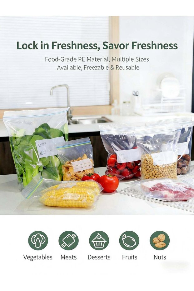Double-Zip Food Storage Bags, Thickened PE Material, Refrigerator & Microwave Safe for Organized St