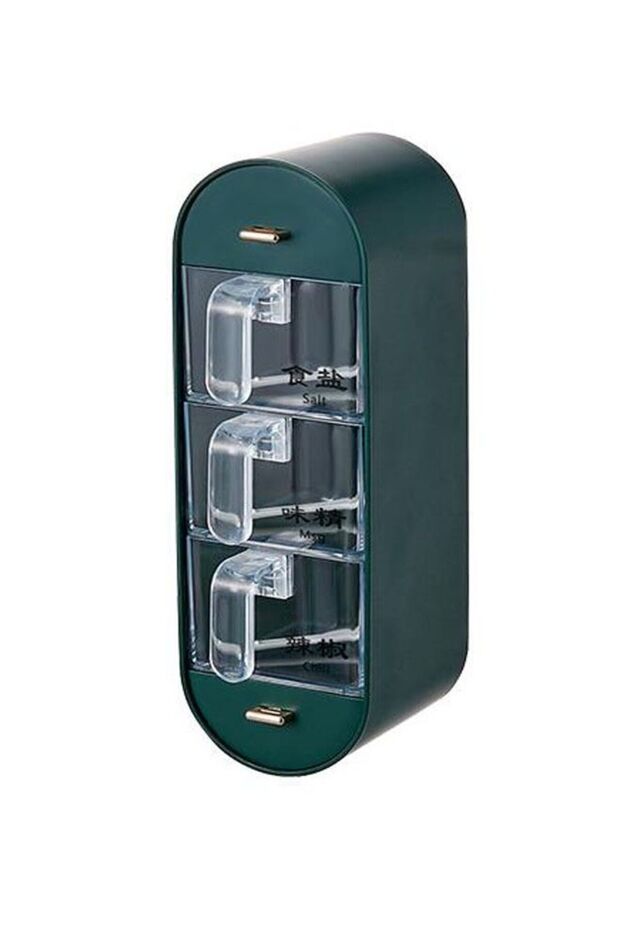 Wall Mounted Seasoning Containers 5 Grids Spice Box Organizer with Handle and spoon green