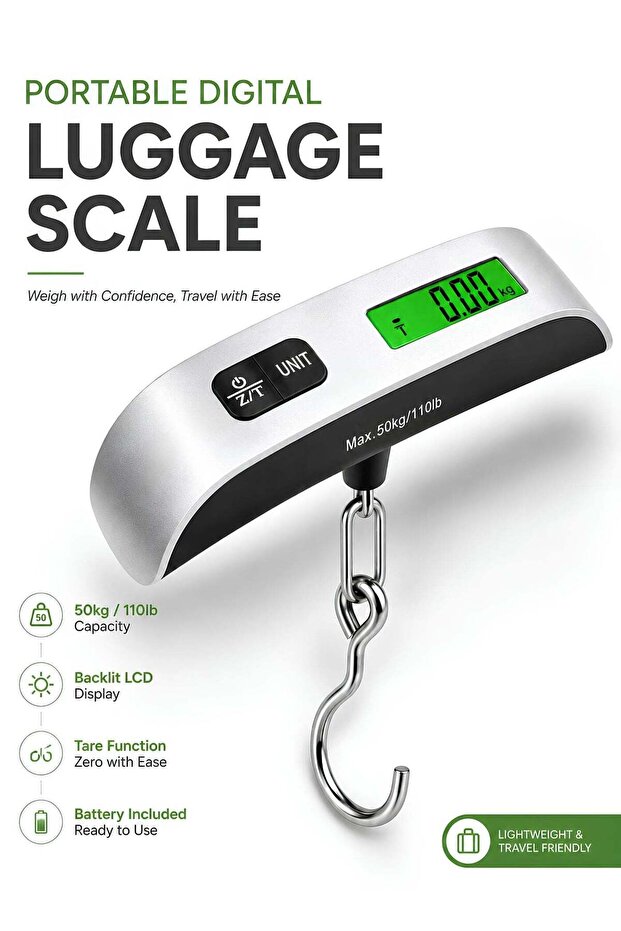Portable Digital Luggage Scale 50kg/110lb with Backlit LCD Display, Tare Function & Stainless-Steel