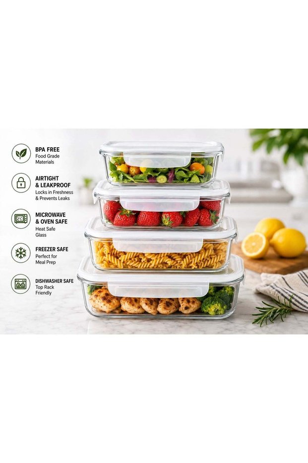 4-Piece Glass Food Storage Containers Set with Airtight White Locking Lids, 350ml, 450ml, 750ml & 1