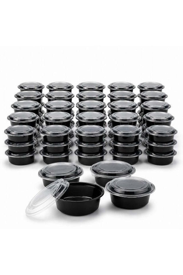 Pack of 50 Black 16oz (RO) Round Microwave Food Containers with Lids Disposable Leak Resistant Meal