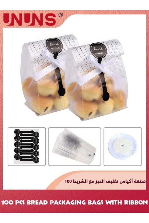 Bread Packaging Bag,100 Pcs Translucent Plastic Bags With 100 Pcs Stickers,2 Roll White Ribbon,Past