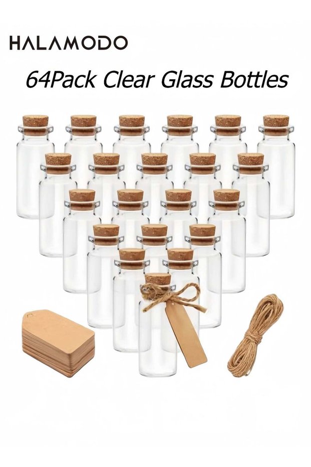 Clear Glass Bottles with 64 Cork Stoppers - 10ml Capacity