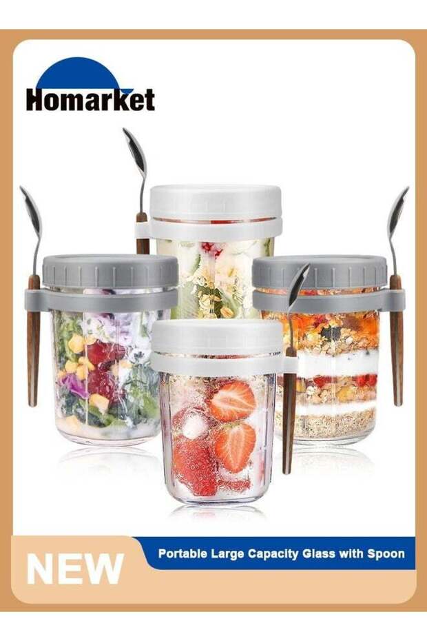 4 Pack Overnight Oats Containers with Lids and Spoons, 350ML Glass Jars for Oatmeal Container , Lar