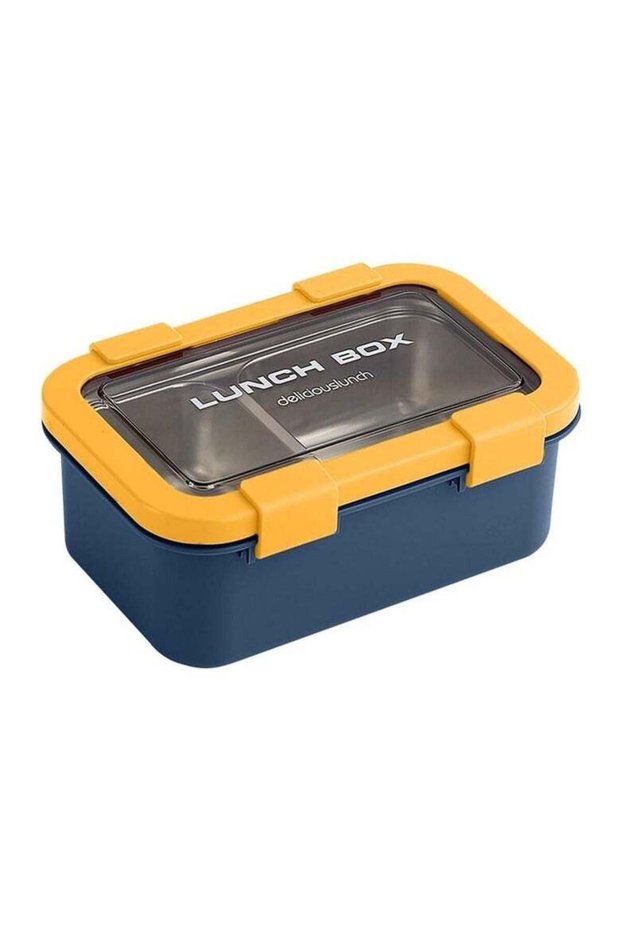 AKDC Two Compartment Lunch Box with Cutlery 850ml, SUS304 Stainless Steel Interior, Navy Blue/Yello