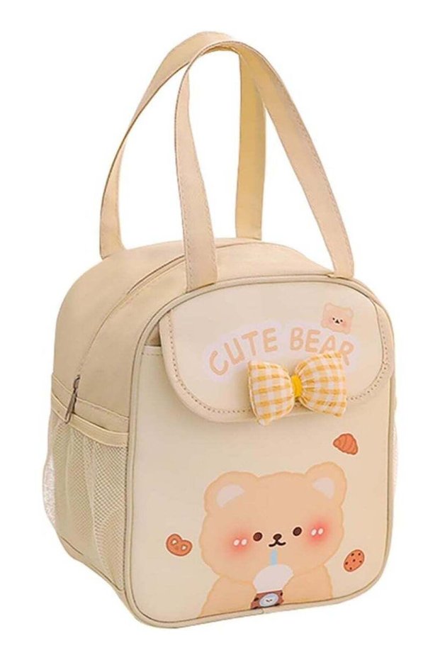 Kawaii Lunch Bag with Bow, Beige, Unisex, Durable Reusable Tote Bag, Suitable for Carrying Lunch/Di