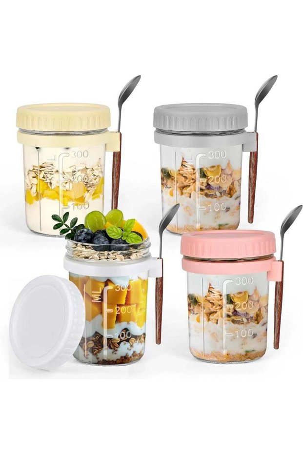 HOOPZOZA 4 Pack Glass Jars Overnight Oats Container with Lid and Spoon Overnight Oats Jars 350ml Ce