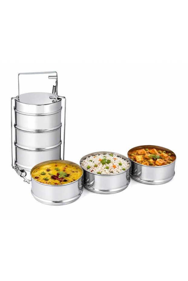 Bisbell Bombay Tiffin Carrier 3L (14x3) Stainless Steel Lunch Box with 3 Compartments, Locking Hand
