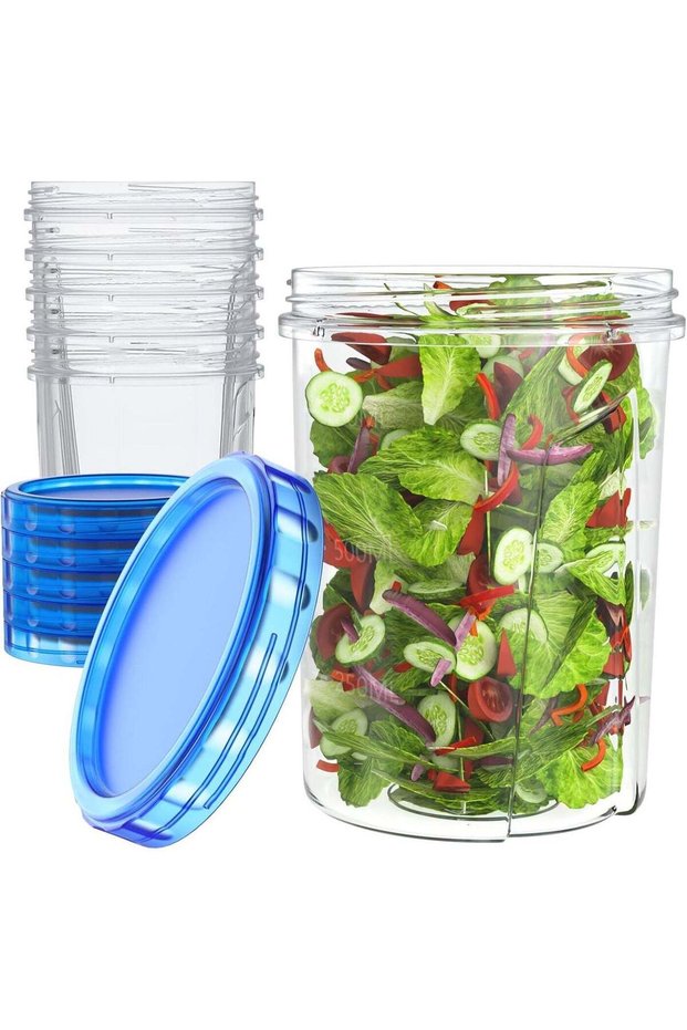 【32 oz 6 Pack】 Food Storage Freezer Containers Clear bottom With blue Twist Top Lids Reusable, Plas