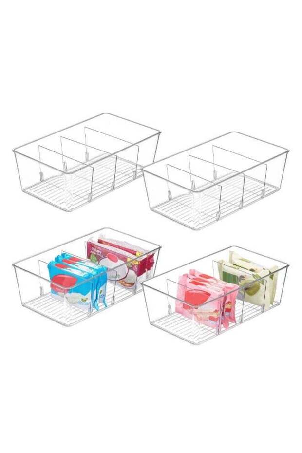4 Pack Food Storage Organizer Bins, 4 Compartments Removable Divider, For Pantry, Kitchen, Fridge a