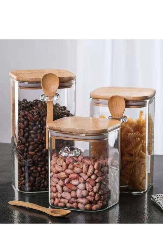 3pcs Glass Jars Glass Food Storage Jars Containers with Bamboo Lid and Spoon Glass Clear Stackable