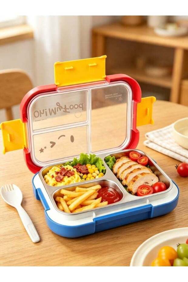 Kids Stainless Steel Bento Lunch Box, 3 Compartments Leak Proof Food Container With Fork And Spoon,