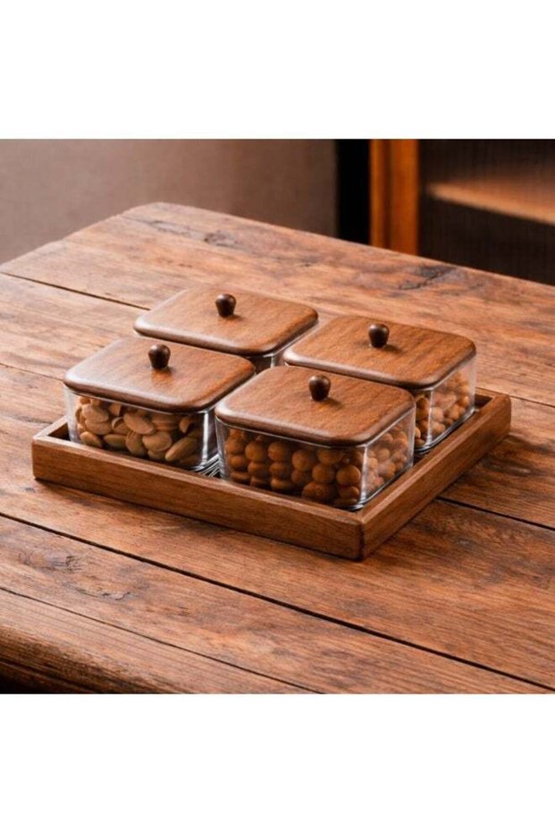 Premium 4-Piece Glass Storage Jar Set with Wooden Tray – Decorative & Functional Date and Snack Org