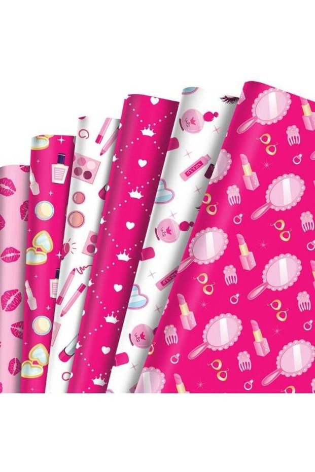 12 Sheets Makeup Wrapping Paper，Pink Makeup Gift Wrap Art Paper，6 Styles Pink Cartoon 27'' x 20'' -