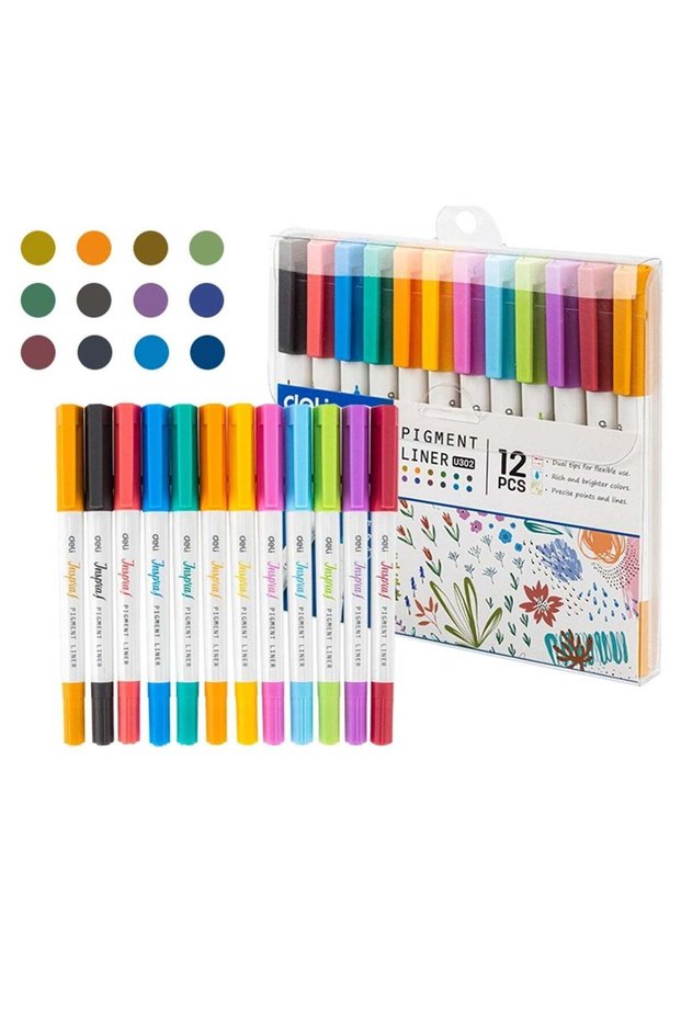 12-Piece Dual Tip Pigment Liner Pens Multicolour