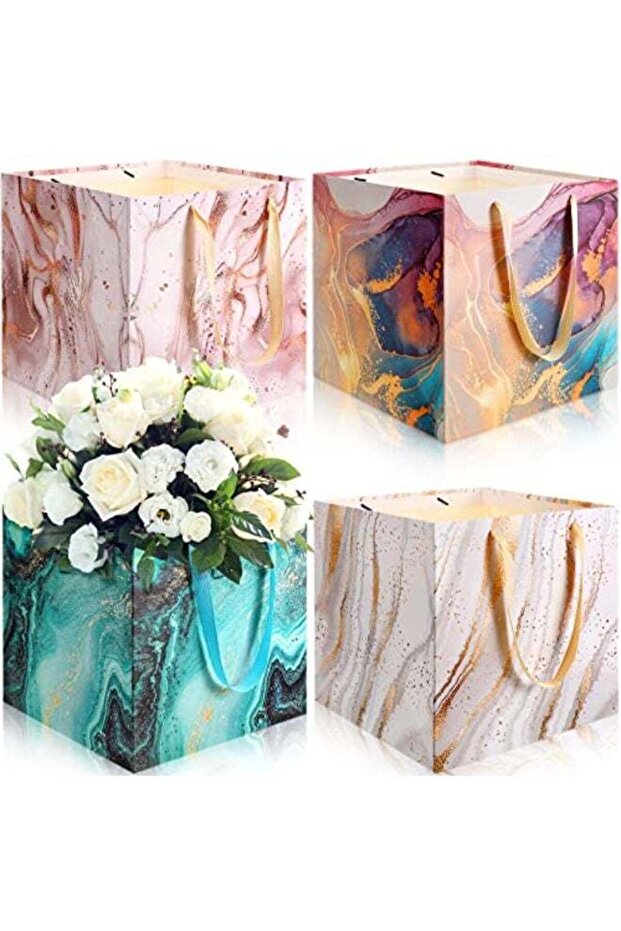 4 Pcs Extra Large Marble Paper Gift Bags with Handles, 11.8 Inch Square for Wedding Birthday Party