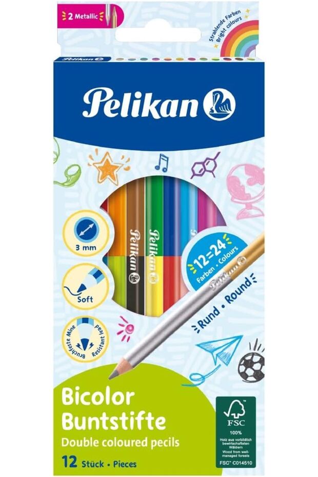 Pelikan 700146 Bicolor Coloured dual-tipped Pencils, 12 Pencils -24 Colours, Round, 175mm