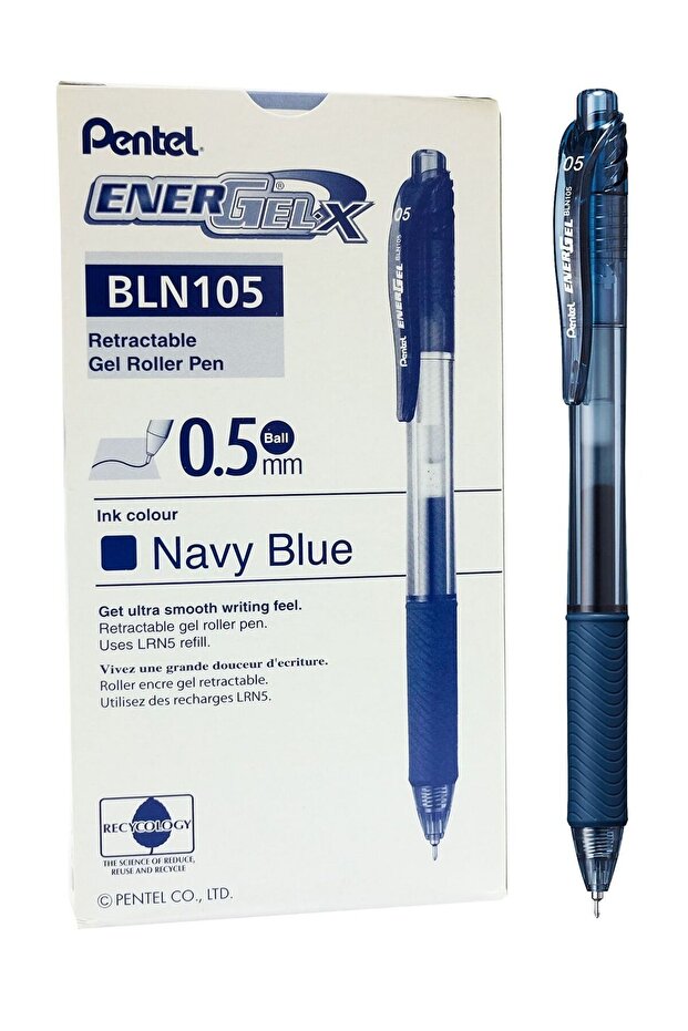 12-Piece Energel Gel Ink Pen 0.5mm Tip Navy Blue Ink