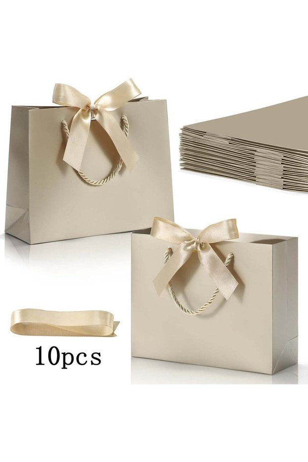 10 Pcs champagne large gift bags, equipped with ribbons, portable party bags with handles, birthday