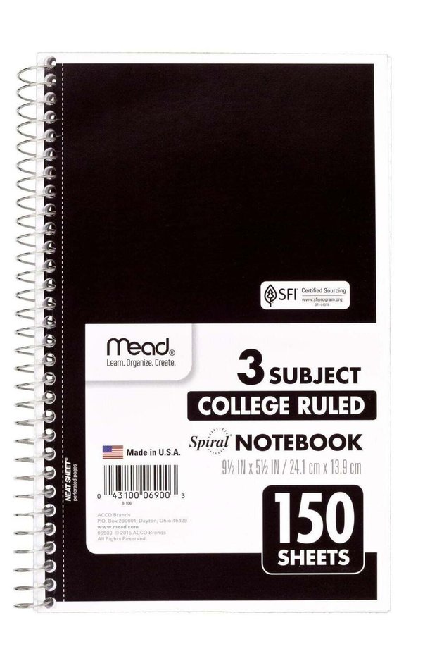 Mead Spiral Notebook, College Ruled, 3 Subject, 150 Sheets White paper, 24.1x13.9 cm (9-1/2x5-1/2 i