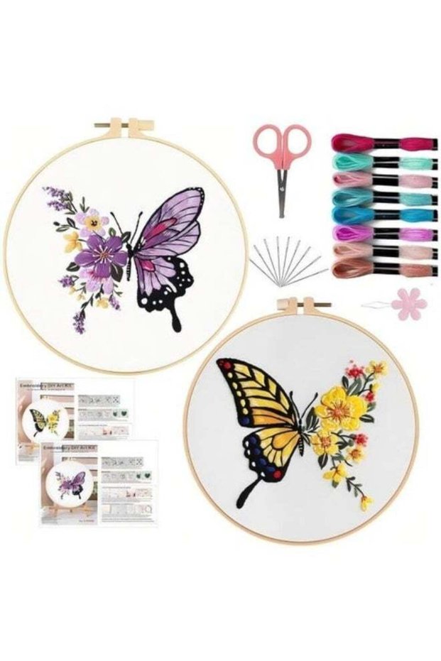2-Piece Embroidery Kit for Beginners,Cross Stitch DIY Craft Set,Accessories & Hoop Included,Butterf