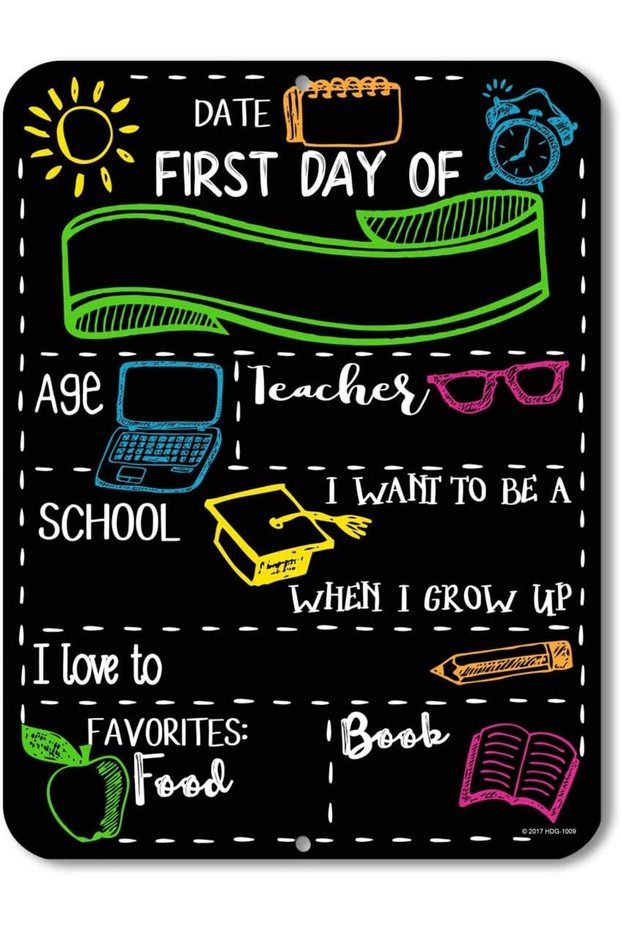 ARS Chalkboard Style First Day of School Photo Prop Tin 9X12 inch Sign - Reusable Easy Clean Back t
