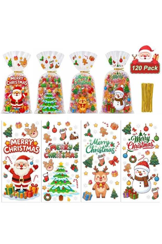 120 Pack Christmas Cellophane Treat Bags, 4 Styles Merry Christmas Goodie Bags with Gold Twist Ties