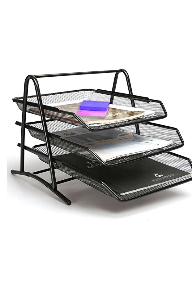 3-Tier Metal Mesh Document Tray, Office Desk Organiser, File Rack for A4 Size, Black