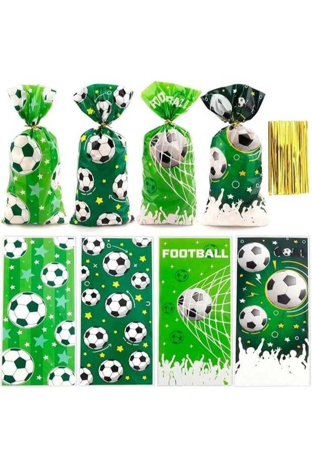 50pcs Soccer Treat Bags – 4 Designs Green Cellophane Candy & Cookie Bags with Twist Ties for Sports